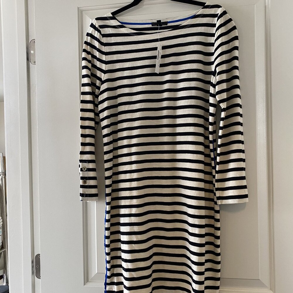 J. Crew 100% Cotton Dress Cream w/ Black Stripes, Blue Striping Size Medium NWT